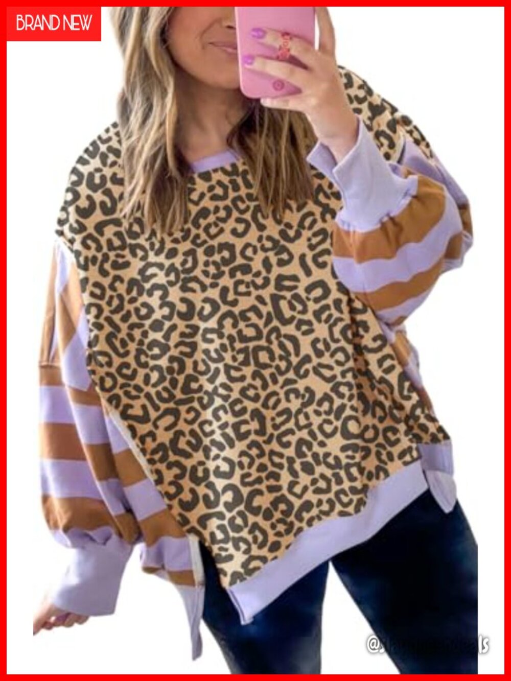 Women's Leopard Striped Color Block Pullover Sweatshirt Drop Shoulder Side Slit